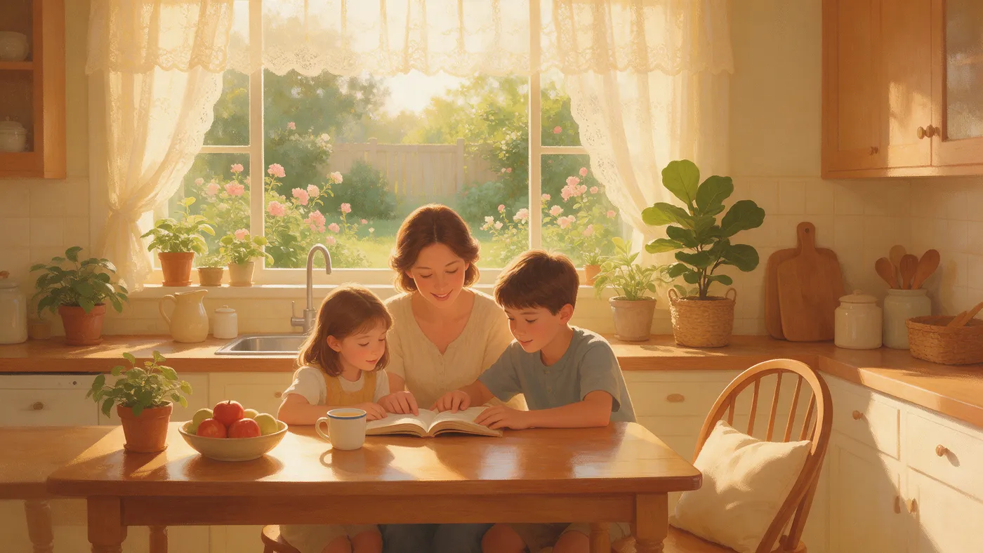 Madre estudiando la Biblia con sus hijos en la cocina