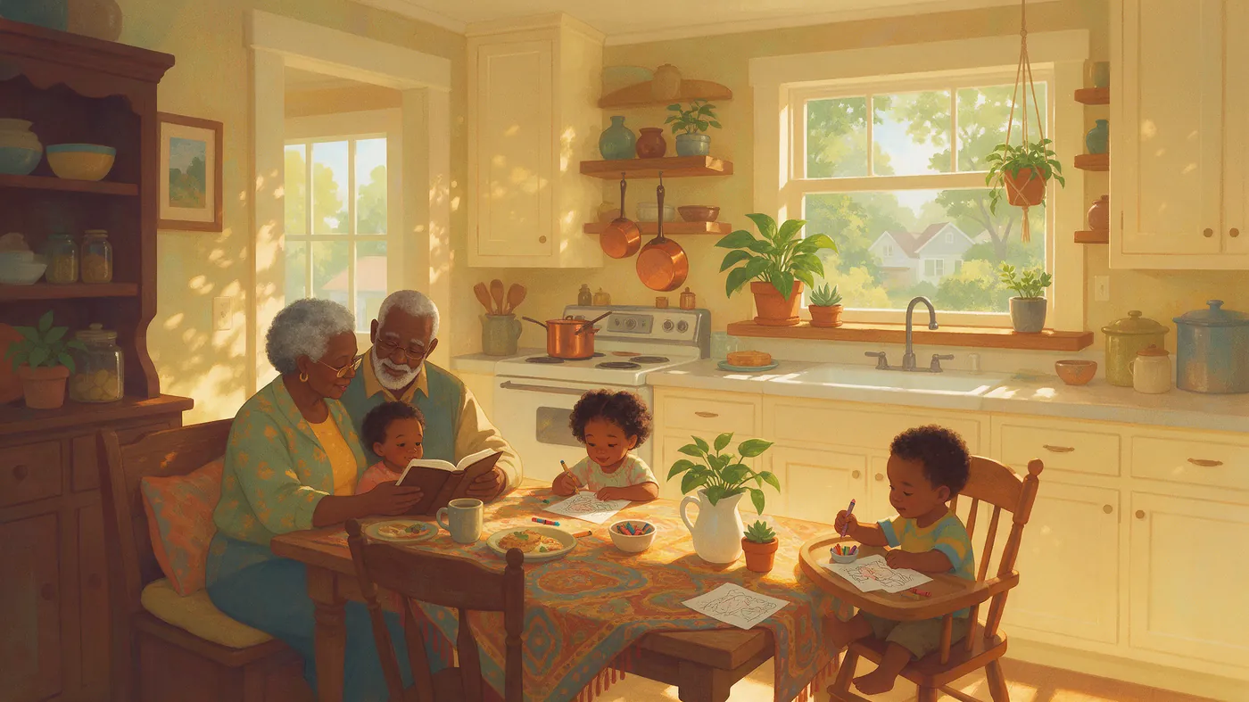 Familia leyendo la Biblia en la cocina