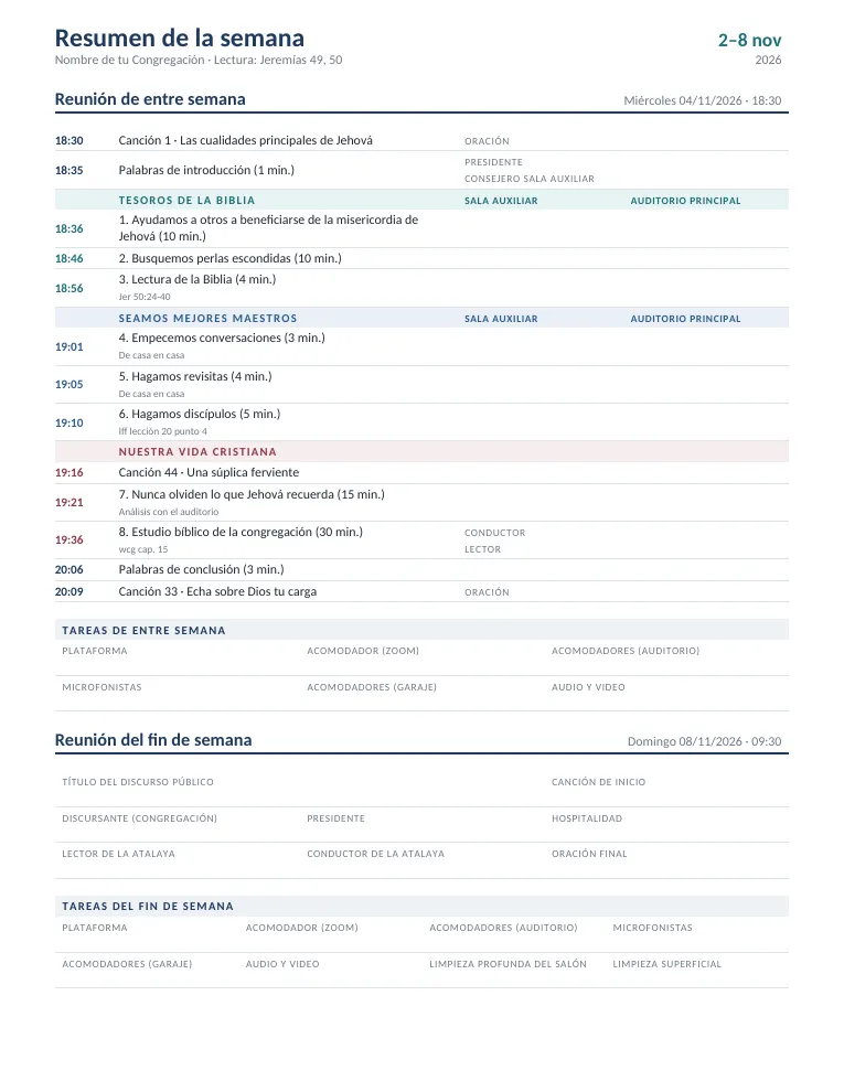 Cómo se ve: Programa de Vida y Ministerio del mes de noviembre de 2026