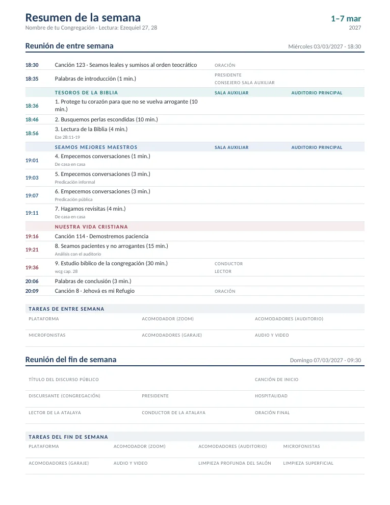Cómo se ve: Programa de Vida y Ministerio del mes de marzo de 2027